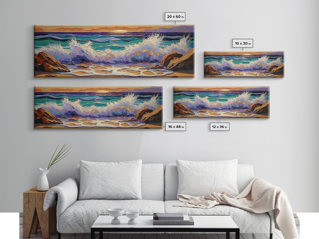 Crashing Waves Sunset, Seaside Landscape Art, Modern Beach Wall Decor, Living Room Accent, Framed Canvas Print, Coastal Vibes