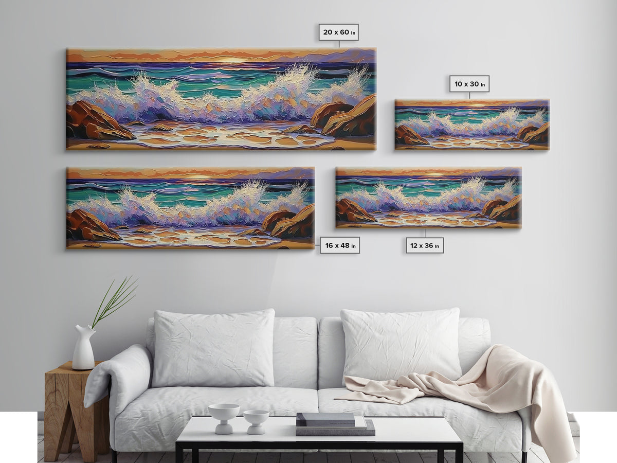 Crashing Waves Sunset, Seaside Landscape Art, Modern Beach Wall Decor, Living Room Accent, Framed Canvas Print, Coastal Vibes