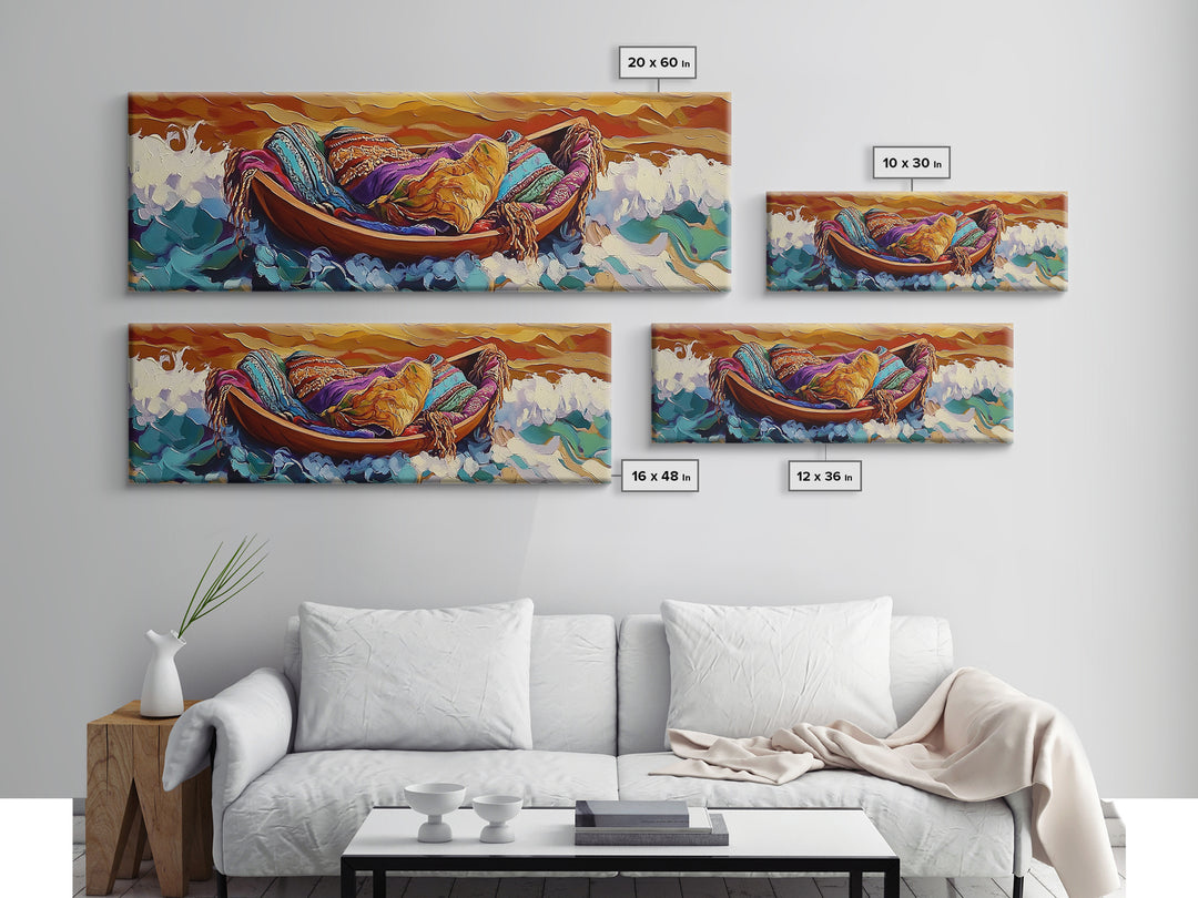 Cozy Boat, Colorful Blankets, Ocean Sunset, Serene Waves, Framed Canvas Print, Bohemian Bedroom Art, Nautical Style, Relaxation Vibe