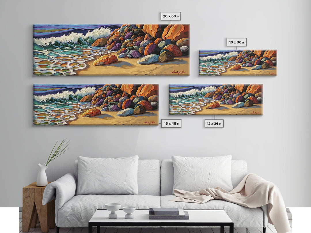 Rocky Shoreline Waves, Ocean Rocks Art, Seaside Spray, Framed Canvas Print, Bathroom Coastal Wall Art, Bold Beach Style, Nautical Decor