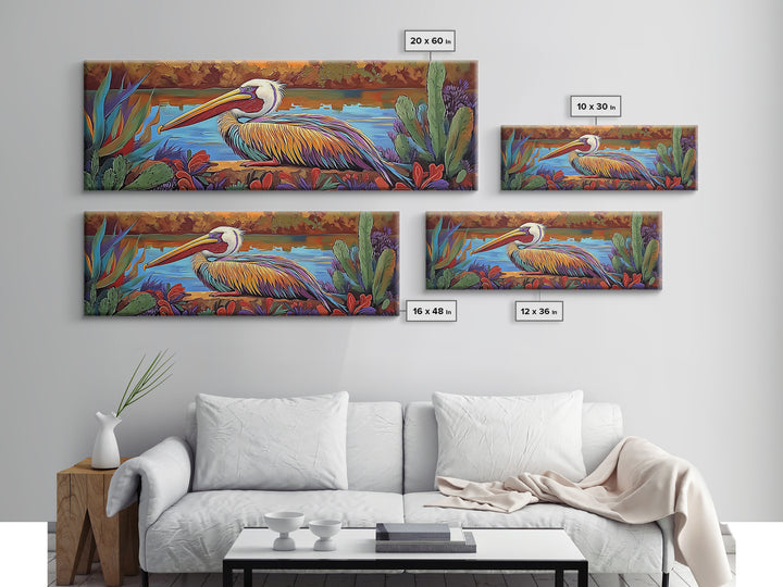 Colorful Pelican, Tropical Bird, Lake Wildlife, Autumn Palette, Framed Canvas Print, Boho Nature Wall Art, Dining Room Bird Artwork