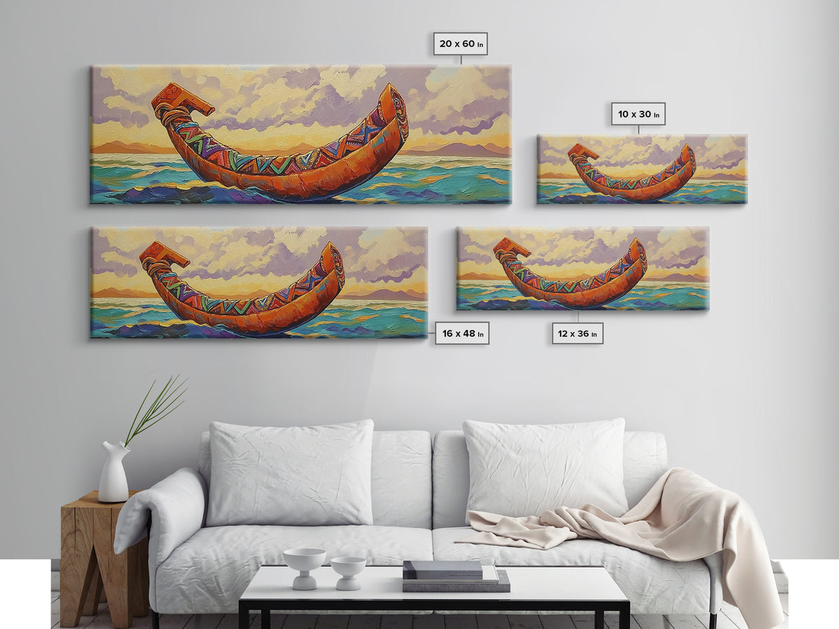Tribal Canoe, Ocean Spirit, Ethnic Decor, Sunset Waterscape, Framed Canvas Print, Rustic Coastal Art, Living Room Adventure Decor