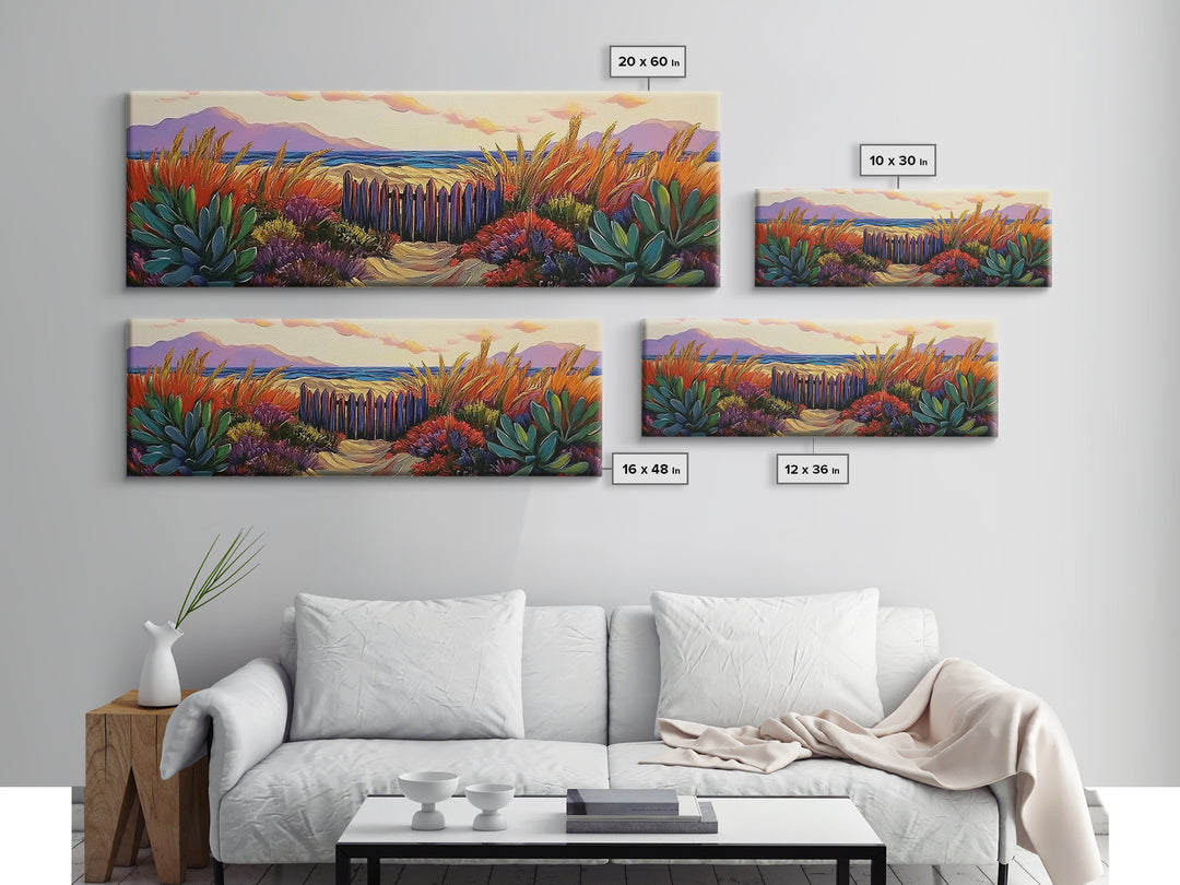 Beach Fence, Sunset Shore, Autumn Grass, Serene Dunes, Framed Canvas Print, Boho Coastal Art, Bedroom Tranquil Wall Decor