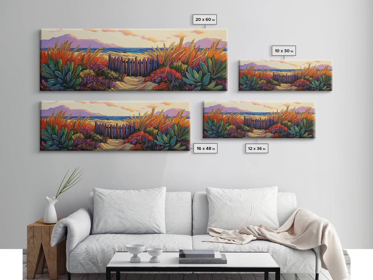 Beach Fence, Sunset Shore, Autumn Grass, Serene Dunes, Framed Canvas Print, Boho Coastal Art, Bedroom Tranquil Wall Decor