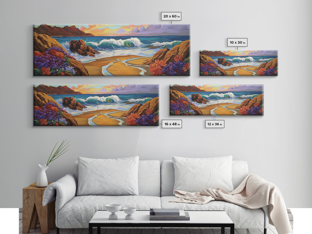 Coastal Wave, Bold Surf, Rocky Sunset, Flower Shoreline, Framed Canvas Print, Nautical Art, Bathroom Beach Landscape Decor