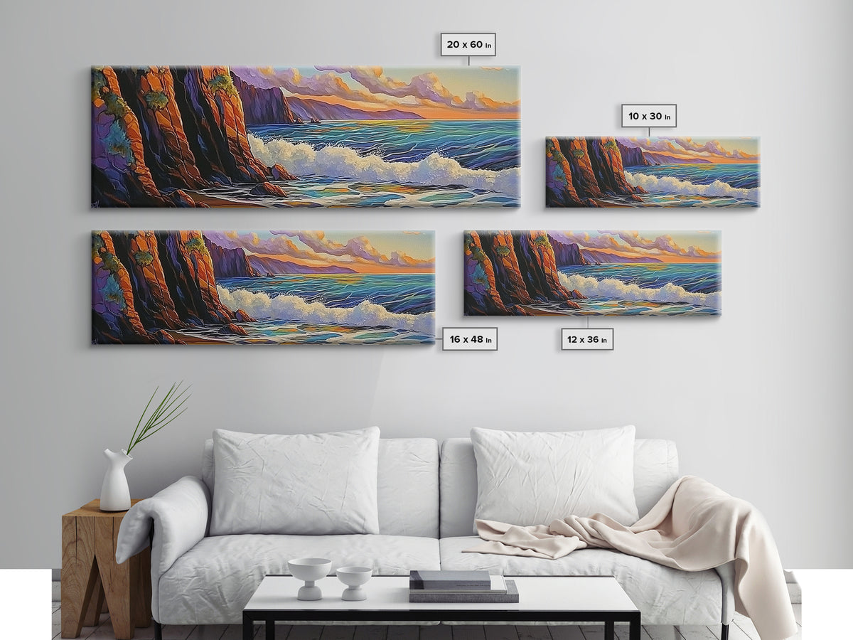Coastal Cliff, Ocean Waves, Sunset Water, Rocky Shoreline, Framed Canvas Print, Bathroom Wall Art, Vibrant Seascape, Beach House Style