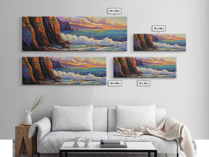 Coastal Cliff, Ocean Waves, Sunset Water, Rocky Shoreline, Framed Canvas Print, Bathroom Wall Art, Vibrant Seascape, Beach House Style