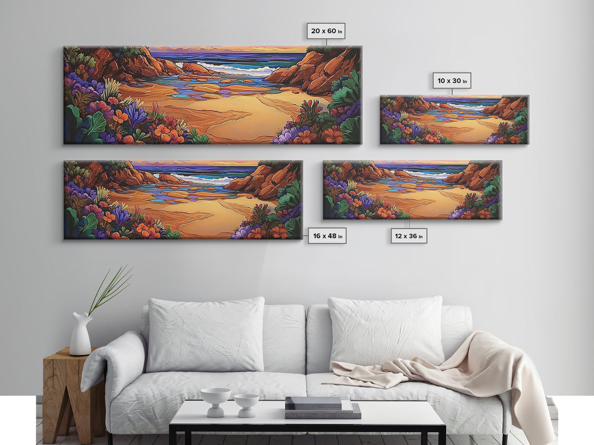 Rocky Beach Cove, Tropical Floral Ocean Art, Sunset Coastline View, Framed Canvas Print, Bathroom Wall Art, Nature Inspired Style