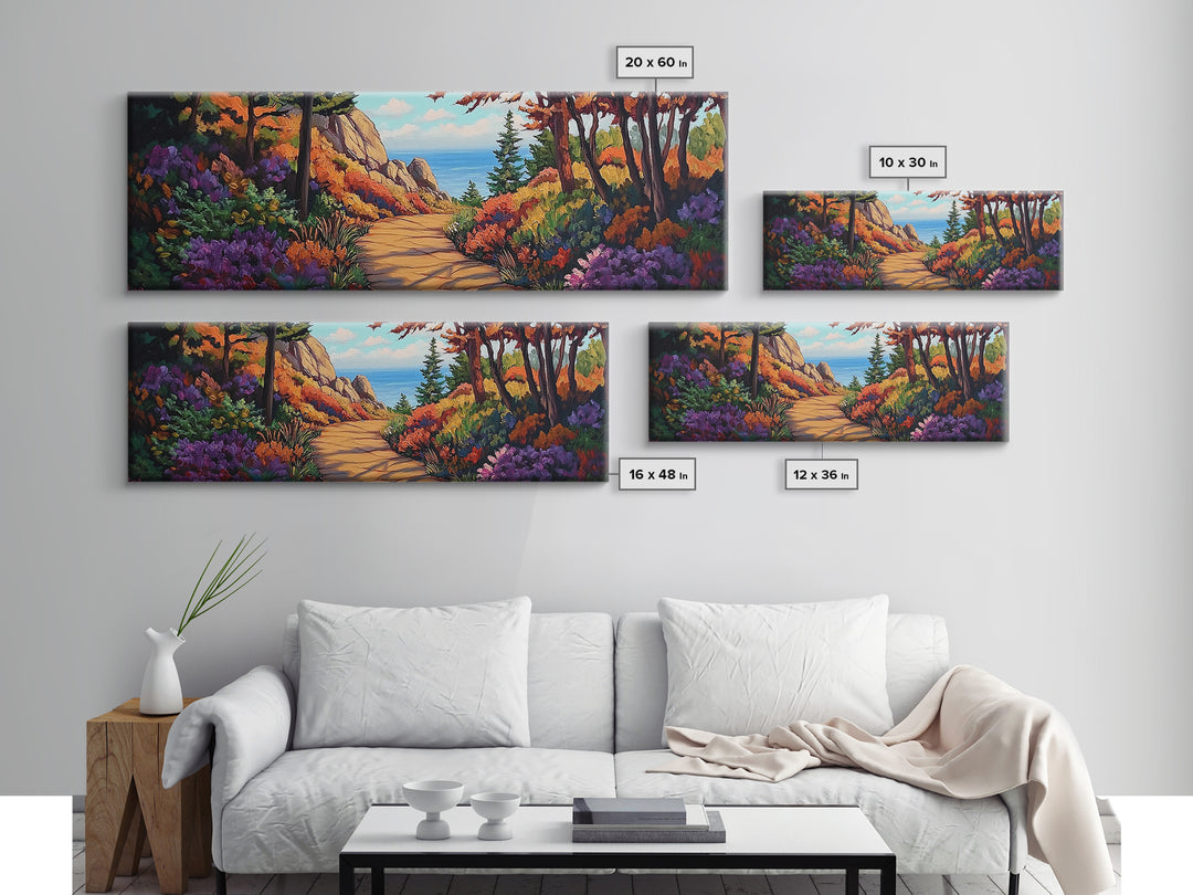 Coastal Forest Walk, Vibrant Landscape Painting, Ocean View Trail, Autumn Decor, Framed Canvas Print, Hallway Wall Art