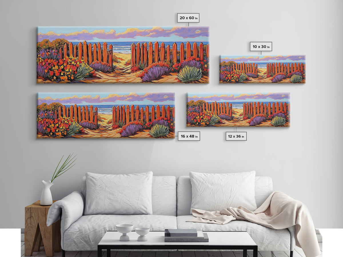 Beach Fence Trail, Ocean Coastal View, Sandy Pathway, Framed Canvas Print, Vibrant Seaside Art, Bathroom or Entryway Decor