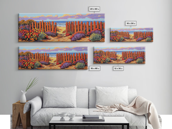 Beach Fence Trail, Ocean Coastal View, Sandy Pathway, Framed Canvas Print, Vibrant Seaside Art, Bathroom or Entryway Decor