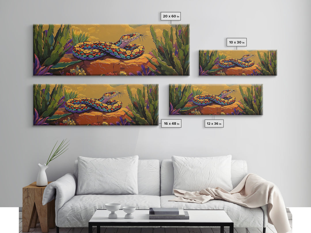 Desert Snake Scene, Vibrant Reptile Art, Cactus Wildlife, Framed Canvas Print, Bold Southwest Wall Decor, Nature Inspired Room