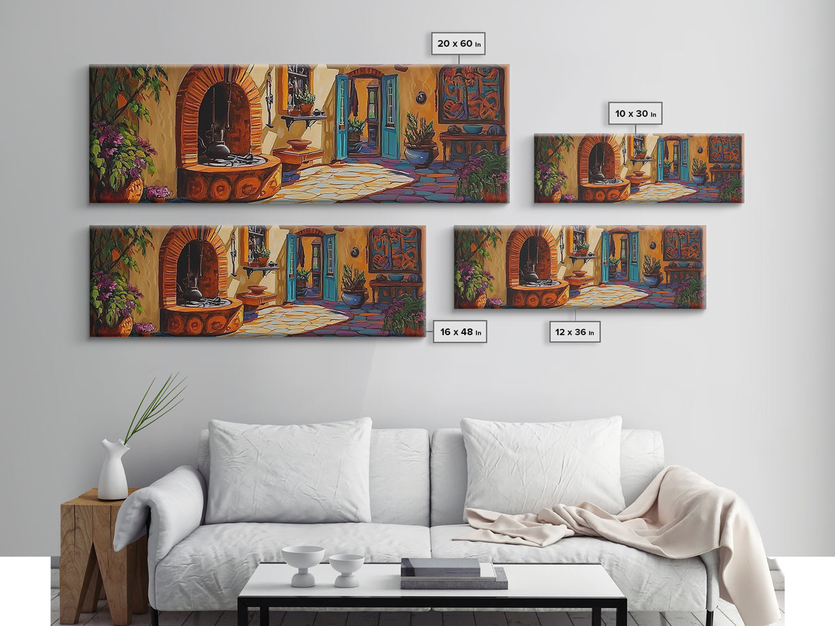 Cozy Kitchen Decor, Rustic Courtyard Art, Adobe Style, Mexican Home Wall Decor, Framed Canvas Print, Southwest Kitchen Wall Art