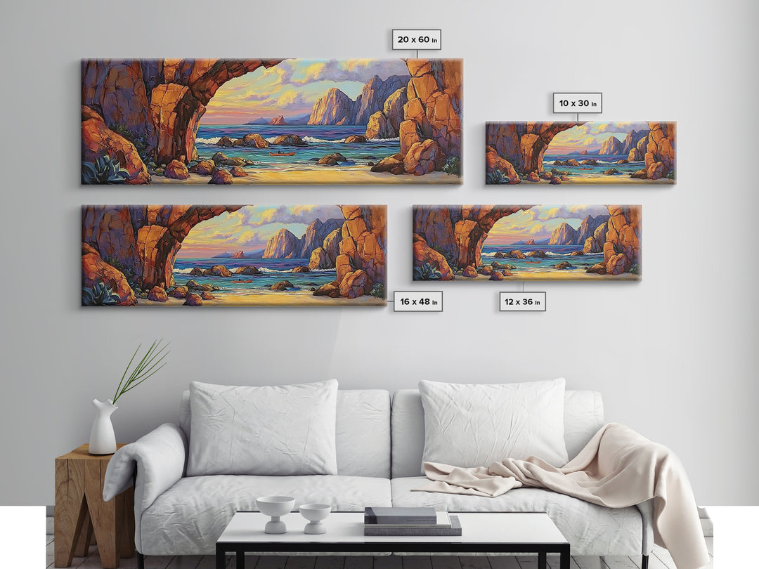 Coastal Archway View, Rocky Beach Sunset, Ocean Serenity, Framed Canvas Print, Nautical Living Room Art, Seaside Escape Scene