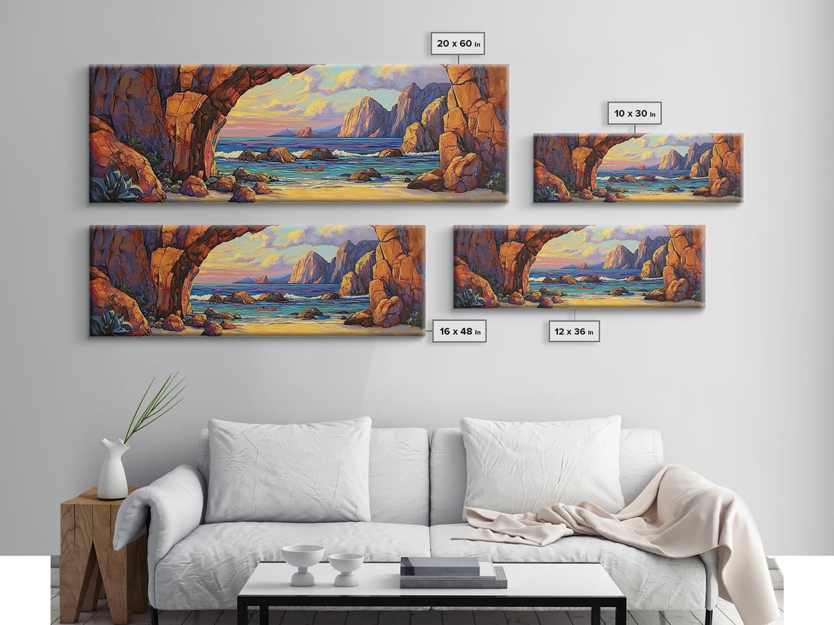 Coastal Archway View, Rocky Beach Sunset, Ocean Serenity, Framed Canvas Print, Nautical Living Room Art, Seaside Escape Scene