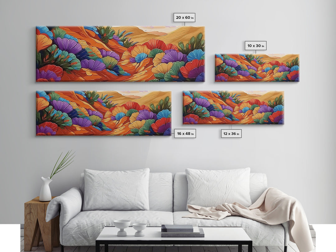 Colorful Desert Blooms, Vibrant Landscape, Boho Floral Style, Framed Canvas Print, Bedroom Wall Art, Modern Southwestern Painting