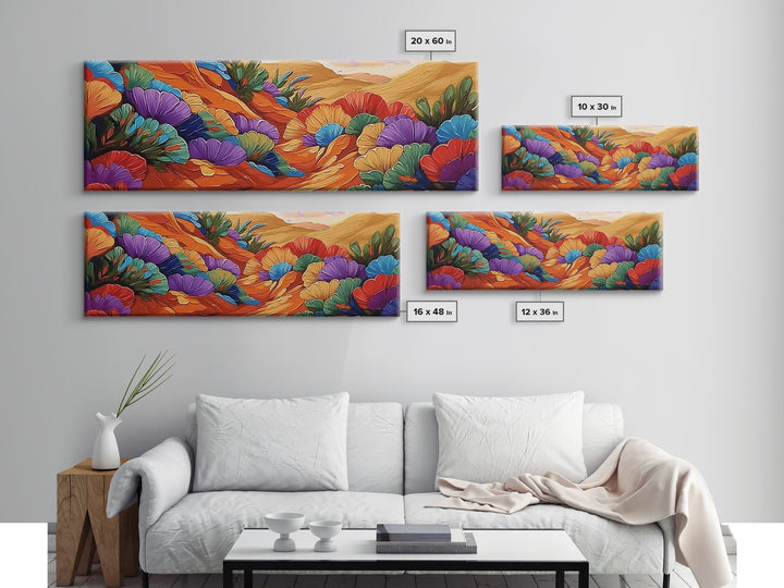 Colorful Desert Blooms, Vibrant Landscape, Boho Floral Style, Framed Canvas Print, Bedroom Wall Art, Modern Southwestern Painting