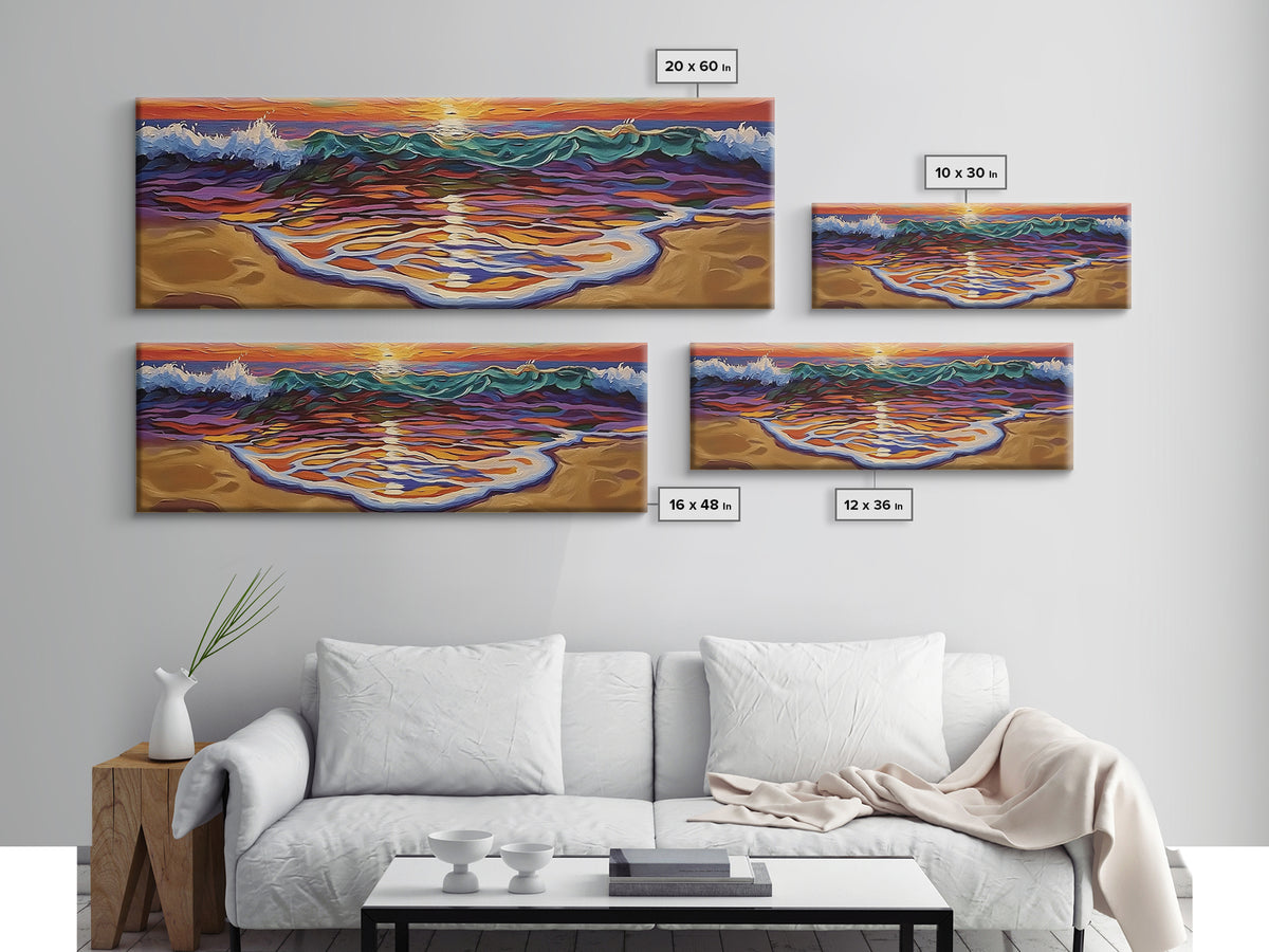 Ocean Sunset Glow, Colorful Wave Reflection, Coastal Abstract, Framed Canvas Print, Beach House Wall Art, Modern Seascape Painting