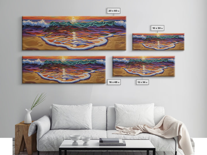 Ocean Sunset Glow, Colorful Wave Reflection, Coastal Abstract, Framed Canvas Print, Beach House Wall Art, Modern Seascape Painting