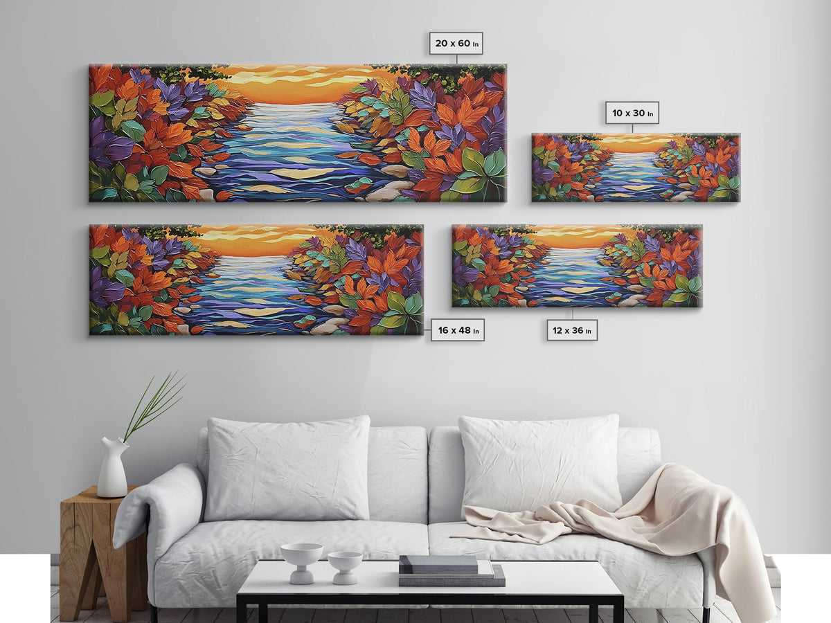 Autumn River Glow, Fall Leaf Reflections, Vibrant Nature Scene, Framed Canvas Print, Rustic Wall Art, Entryway or Dining Room Decor