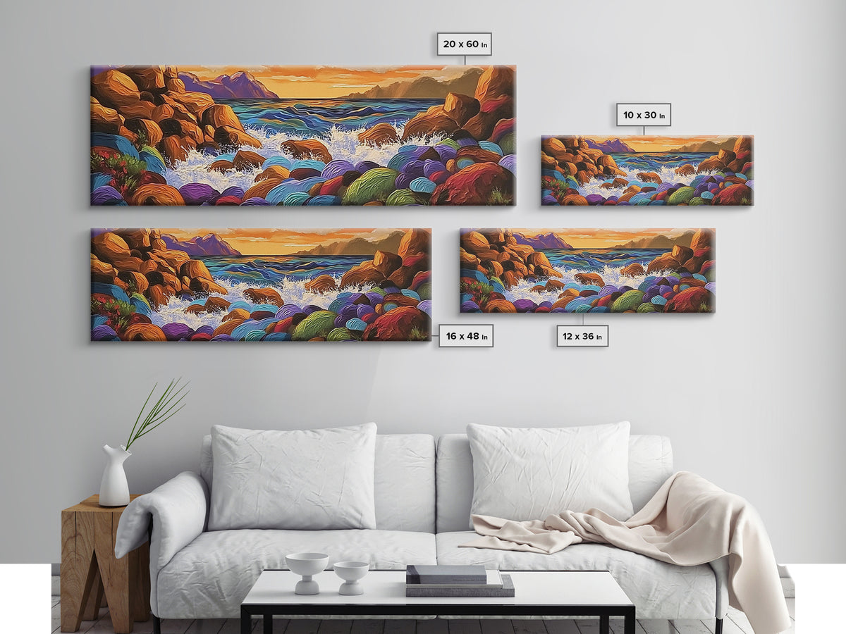 Rocky Coastline, Sunset Splash, Rainbow Stones, Framed Canvas Print, Bathroom Wall Art, Modern Seaside Art, Bold Landscape Vibes