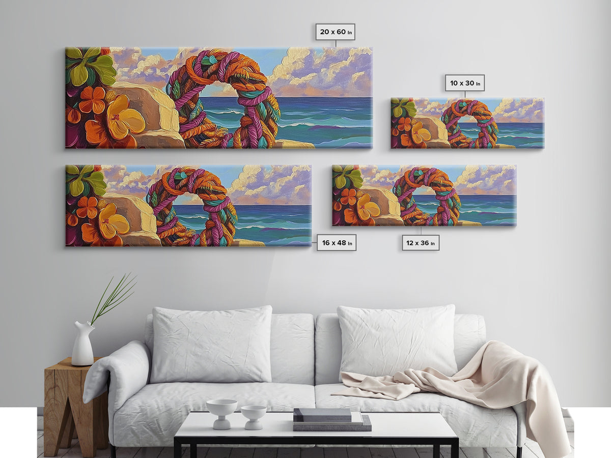 Coastal Wreath Art, Nautical Vibes, Colorful Rope, Framed Canvas Print, Beach House Wall Art, Summer Home Decor, Tropical Boho Art