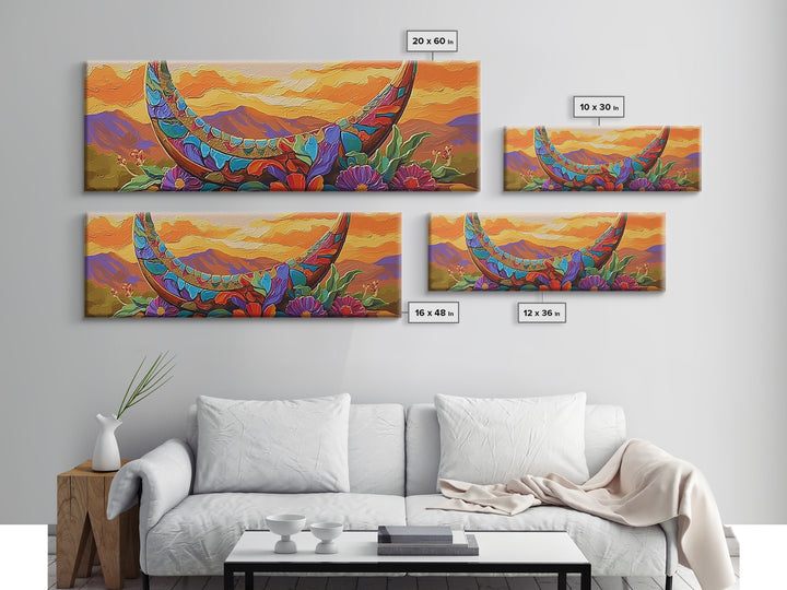 Crescent Moon, Floral Sunset, Western Vibes, Framed Canvas Print, Desert Boho Wall Art, Living Room Decor, Whimsical Southwestern Art