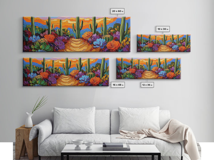 Cactus Garden Sunset, Desert Wall Art, Succulent Landscape, Framed Canvas Print, Boho Living Room Decor, Vibrant Western Style