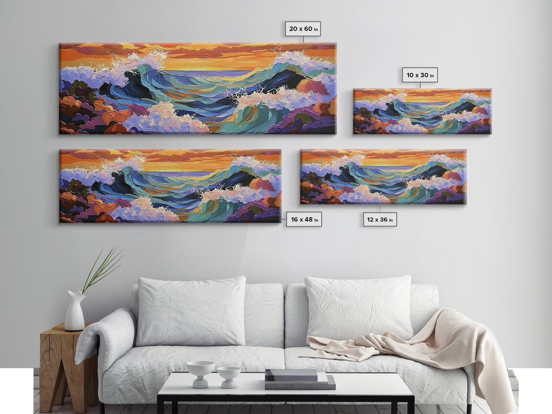 Breaking Waves Seascape, Ocean Wall Art, Sunset Coastal View, Framed Canvas Print, Nautical Living Room Decor, Beach Style