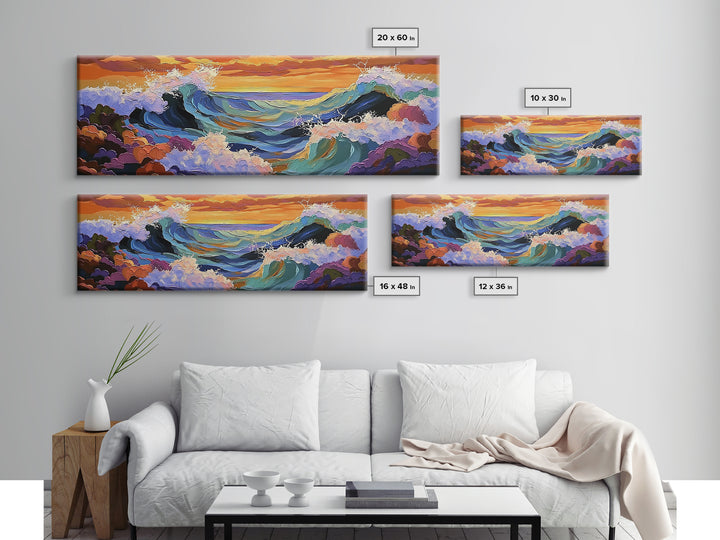 Breaking Waves Seascape, Ocean Wall Art, Sunset Coastal View, Framed Canvas Print, Nautical Living Room Decor, Beach Style