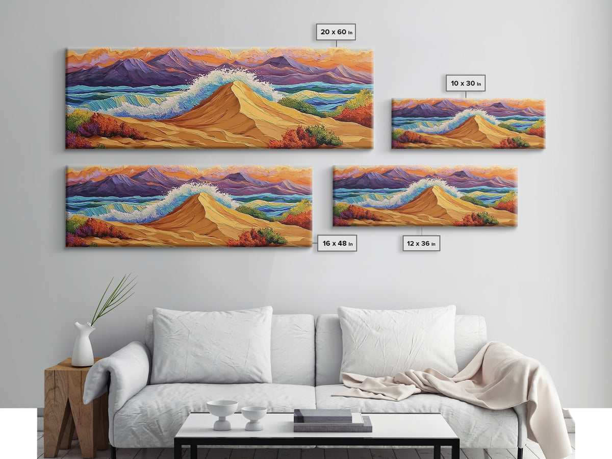 Desert Dunes, Ocean Splash, Sunset Mountains, Fall Tones Framed Canvas Print, Living Room Wall Art, Southwest Colorful Art