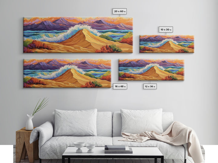 Desert Dunes, Ocean Splash, Sunset Mountains, Fall Tones Framed Canvas Print, Living Room Wall Art, Southwest Colorful Art