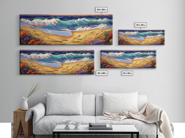 Coastal Wave Art, Beach Shore, Ocean Spray, Sunset Sea Framed Canvas Print, Living Room Wall Art, Modern Tropical Decor