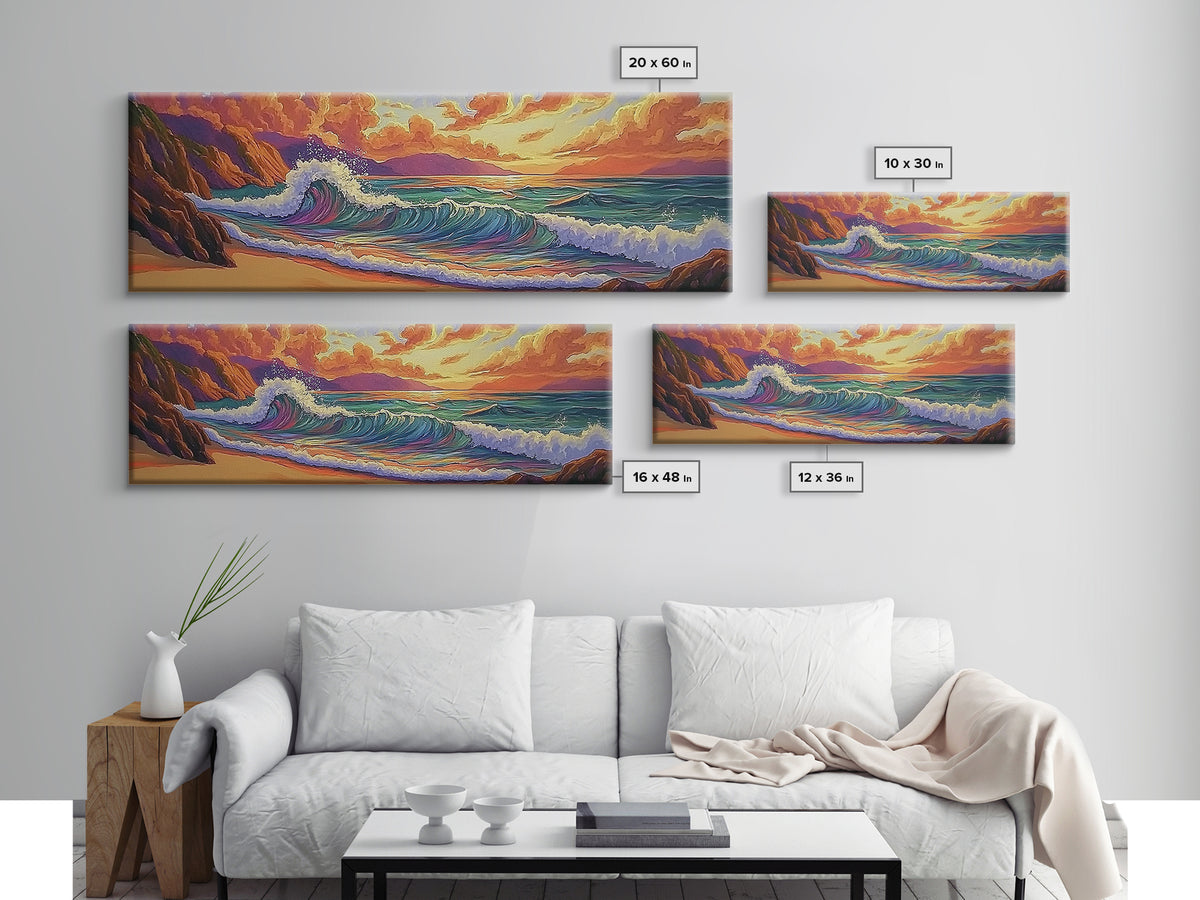 Sunset Surf, Rocky Coast, Vibrant Ocean, Evening Glow, Framed Canvas Print coastal bedroom art, surfer vibes, modern beach wall art