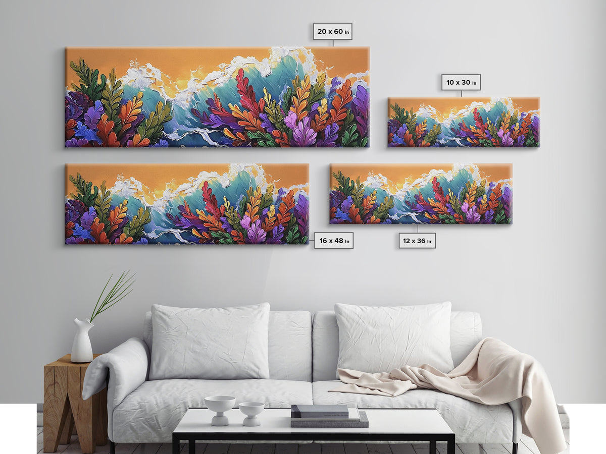 Ocean Blooms, Sunset Waves, Colorful Florals, Seaside Garden, Framed Canvas Print tropical living room wall art, coastal print