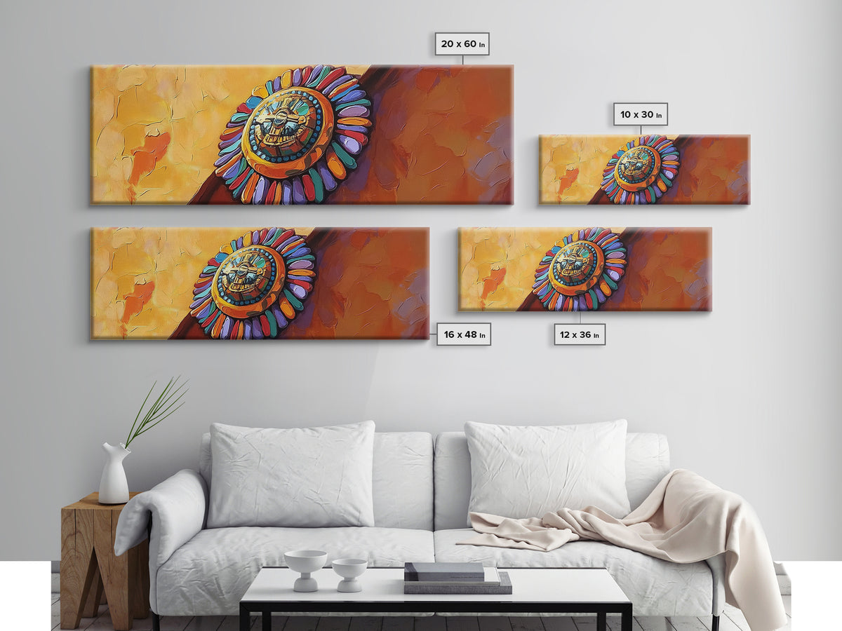Aztec Sun Symbol, Bold Tribal Accent, Southwest Vibe Art, Native Motif Wall, Framed Canvas Print, Entryway Ethnic Boho Decor