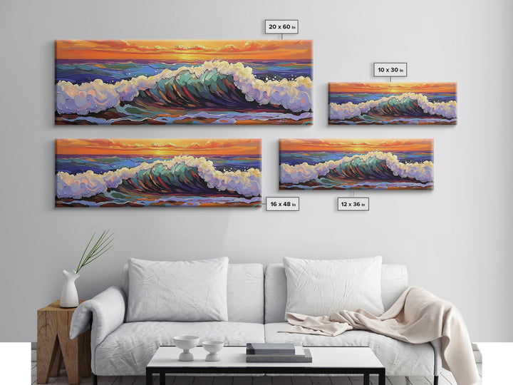 Breaking Wave Art, Sunset Ocean Surf, Bold Seaside Motion, Vibrant Coastal Palette, Framed Canvas Print, Bathroom Beach Decor
