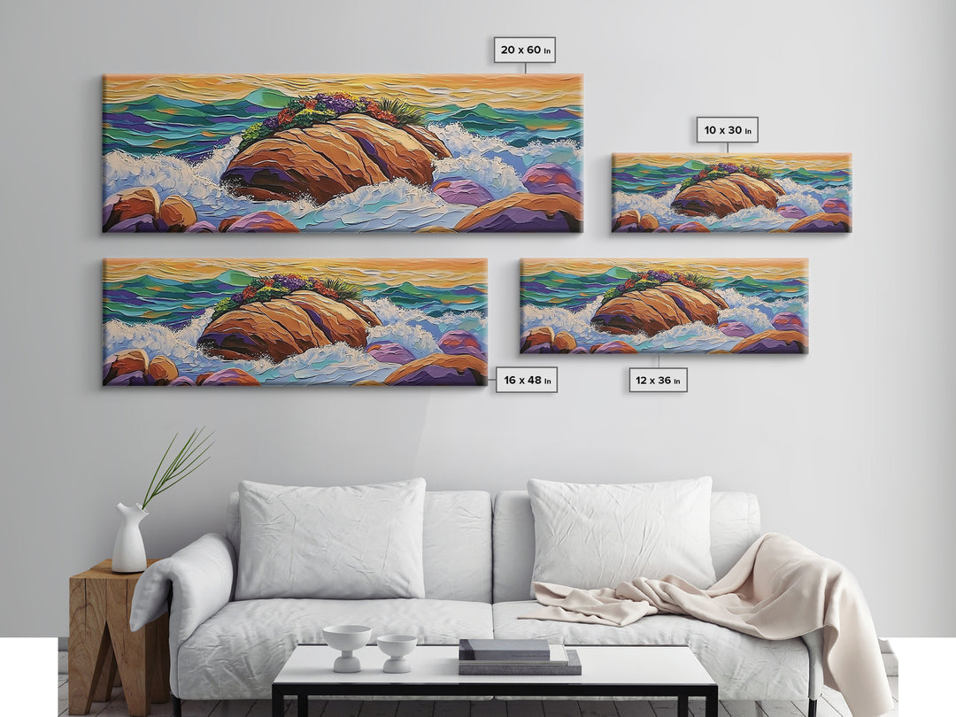 Rocky Shoreline Scene, Vibrant Sea Garden, Coastal Wave Power, Nature Texture Painting, Framed Canvas Print, Ocean Lover Wall Art