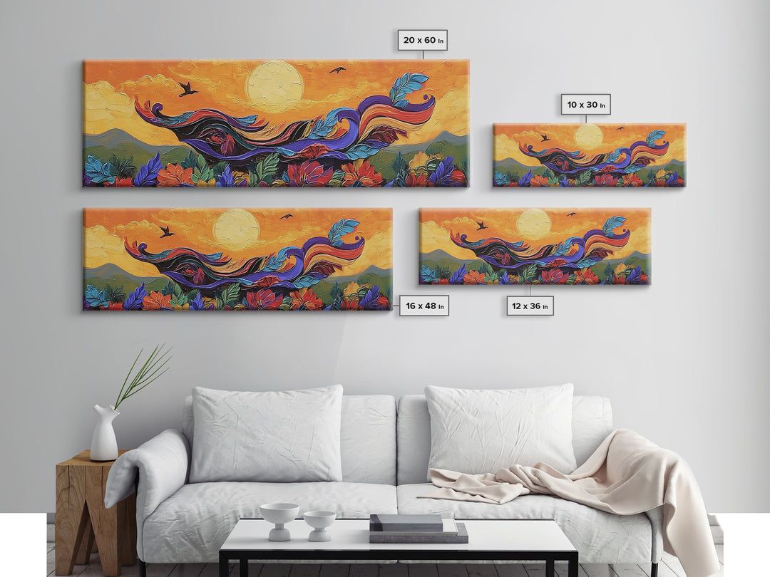 Abstract Bird, Flying Feathers, Bold Sunset, Canvas Print, Vibrant Boho Art, Living Room Statement Piece, Fall Color Palette