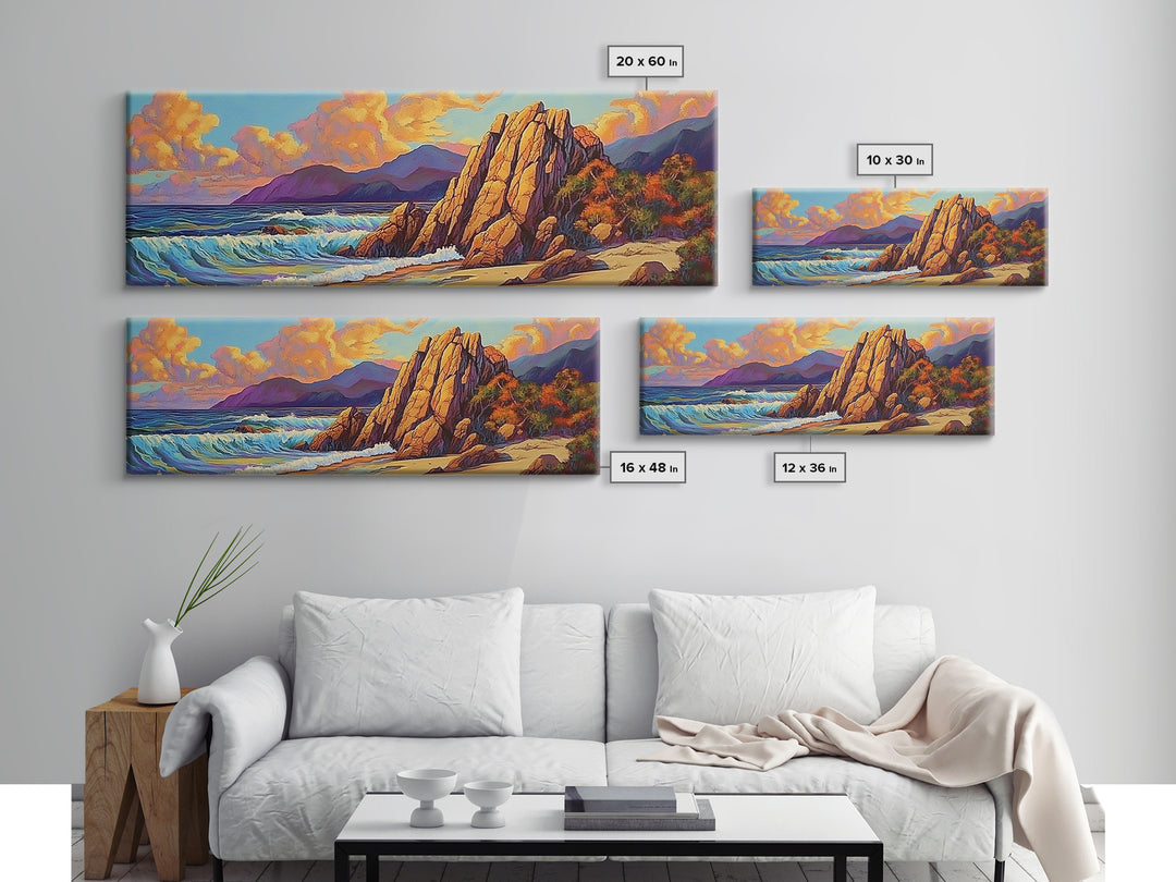 Coastal Rocks, Ocean Cliffs, Sunset Clouds, Canvas Print, Bold Seascape Wall Art, Living Room Fall Decor, Nature Inspired Aesthetic