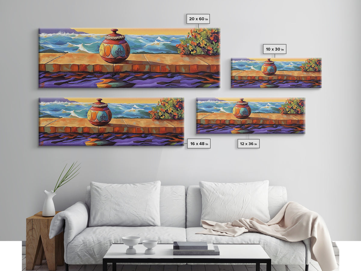 Ocean Vase Scene, Coastal Pottery Painting, Serene Sunset Dock, Beachfront Wall Style, Framed Canvas Print, Nautical Bathroom Art