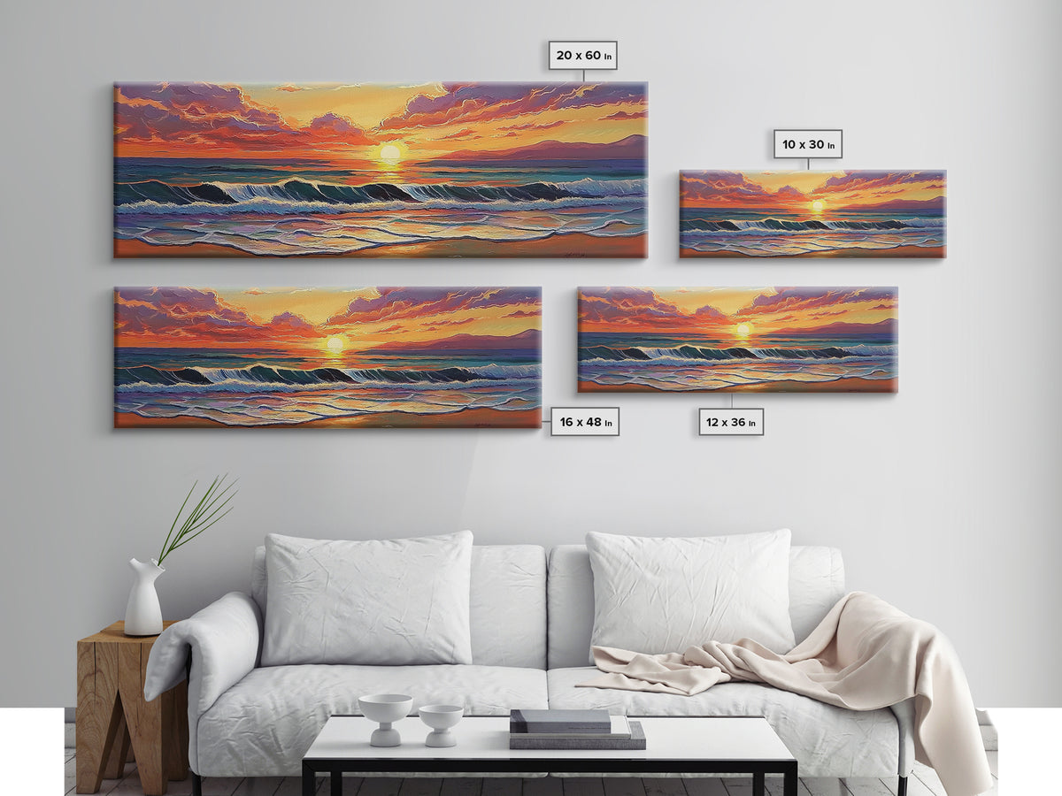 Crashing Sunset Waves, Ocean Horizon Art, Coastal Abstract Painting, Framed Canvas Print, Colorful Living Room Wall Art, Beach Vibes