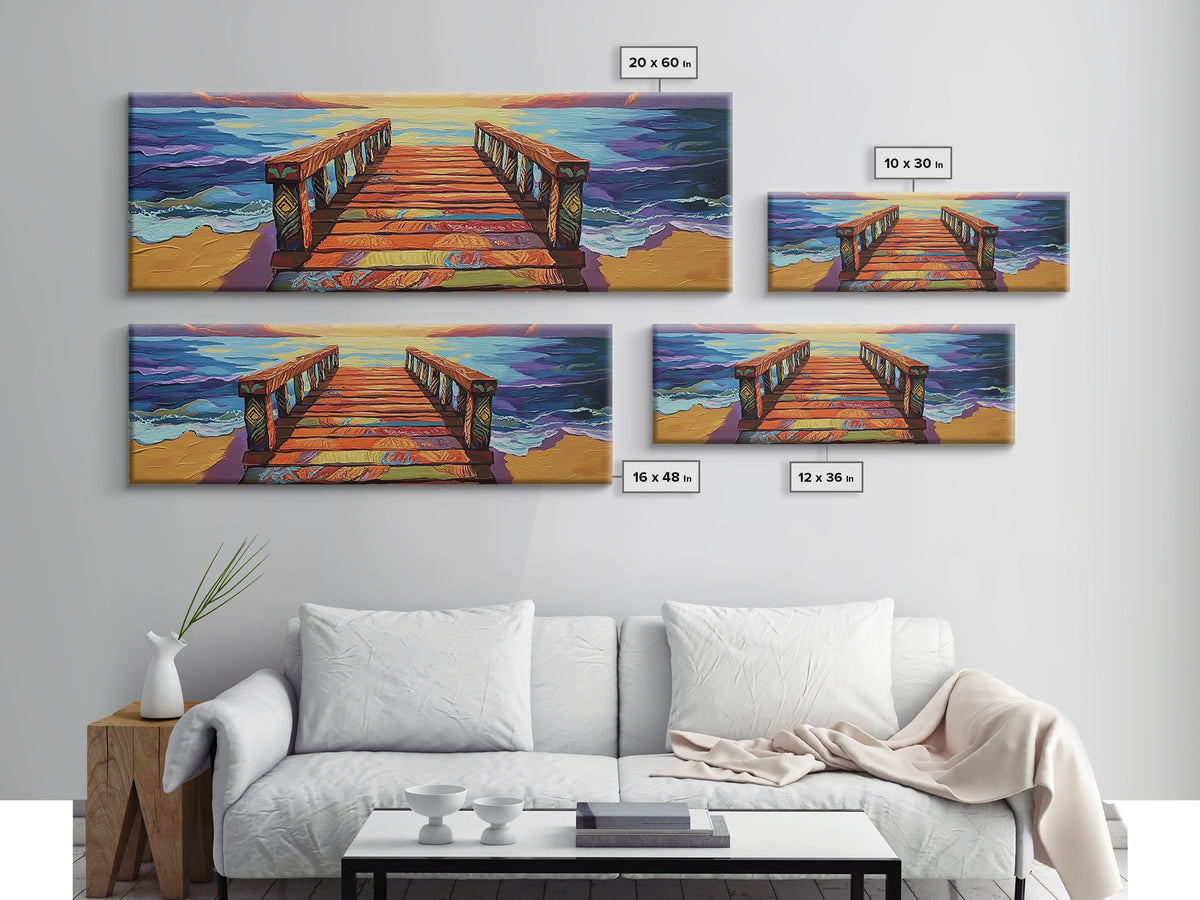 Colorful Pier, Sunset View, Ocean Dock, Serene Shoreline, Framed Canvas Print, Beach House Wall Art, Coastal Landscape Painting