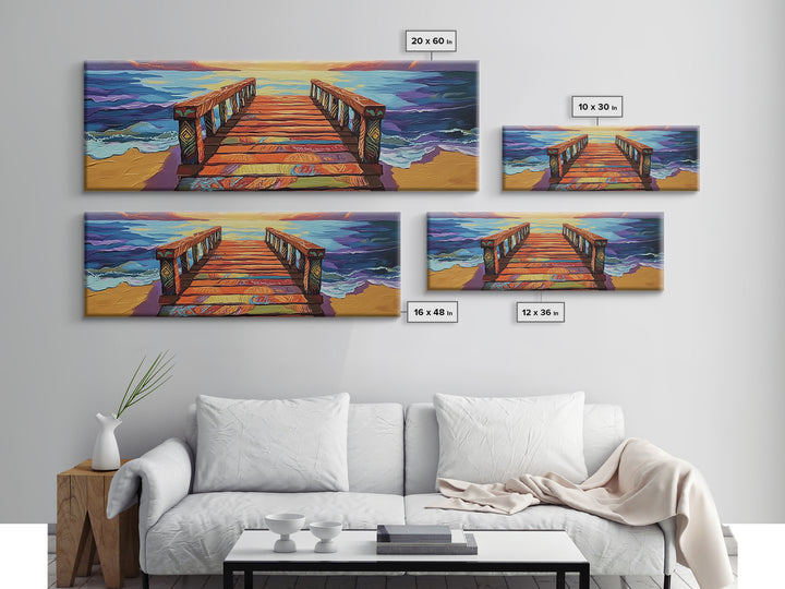 Colorful Pier, Sunset View, Ocean Dock, Serene Shoreline, Framed Canvas Print, Beach House Wall Art, Coastal Landscape Painting