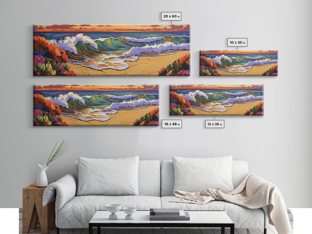 Ocean Curl, Autumn Surf, Sunset Beach, Floral Waves, Framed Canvas Print, Living Room Wall Art, Fall Coastal Painting, Bold Decor