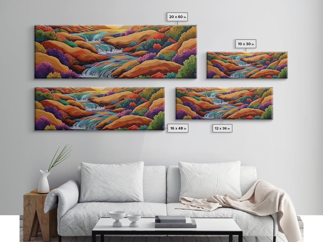 Waterfall Path, Desert Stream, Colorful Bushes, Sunset Flow, Framed Canvas Print, nature inspired art, spa room decor, zen wall style