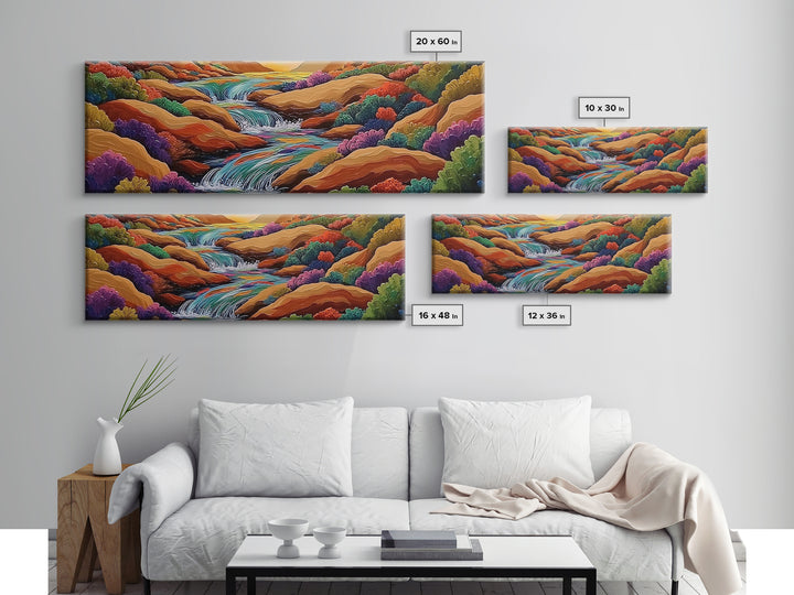 Waterfall Path, Desert Stream, Colorful Bushes, Sunset Flow, Framed Canvas Print, nature inspired art, spa room decor, zen wall style