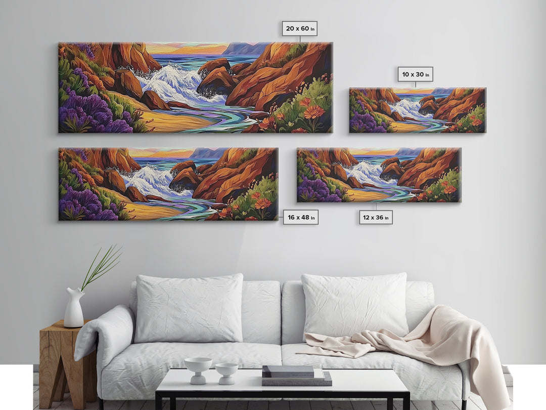 Rocky Shore, Ocean Splash, Sunset Cove, Botanical Scene, Framed Canvas Print, vibrant coastal wall art, beach bathroom decor, ocean vibe