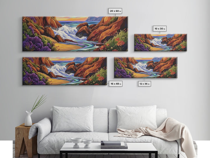 Rocky Shore, Ocean Splash, Sunset Cove, Botanical Scene, Framed Canvas Print, vibrant coastal wall art, beach bathroom decor, ocean vibe