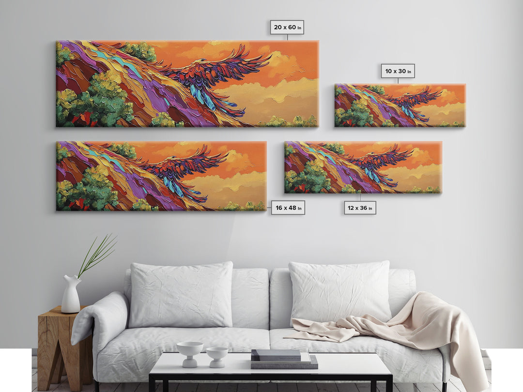 Phoenix Soar, Sunset Flight, Bold Nature, Uplifting Vibes, Framed Canvas Print, Boho Office Wall Art, Inspirational Bird Painting